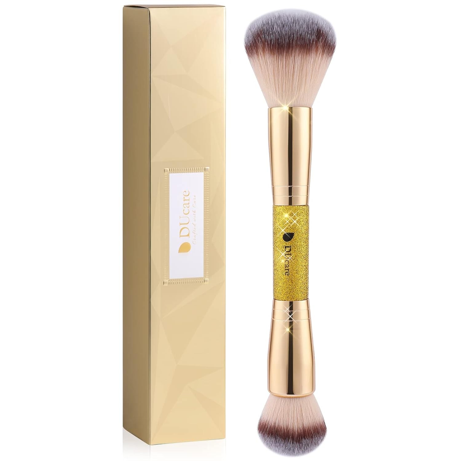 Dual End Powder Kabuki Makeup Brush Gold Glitter Vegan Synthetic for Liquid Cream Setting Powder