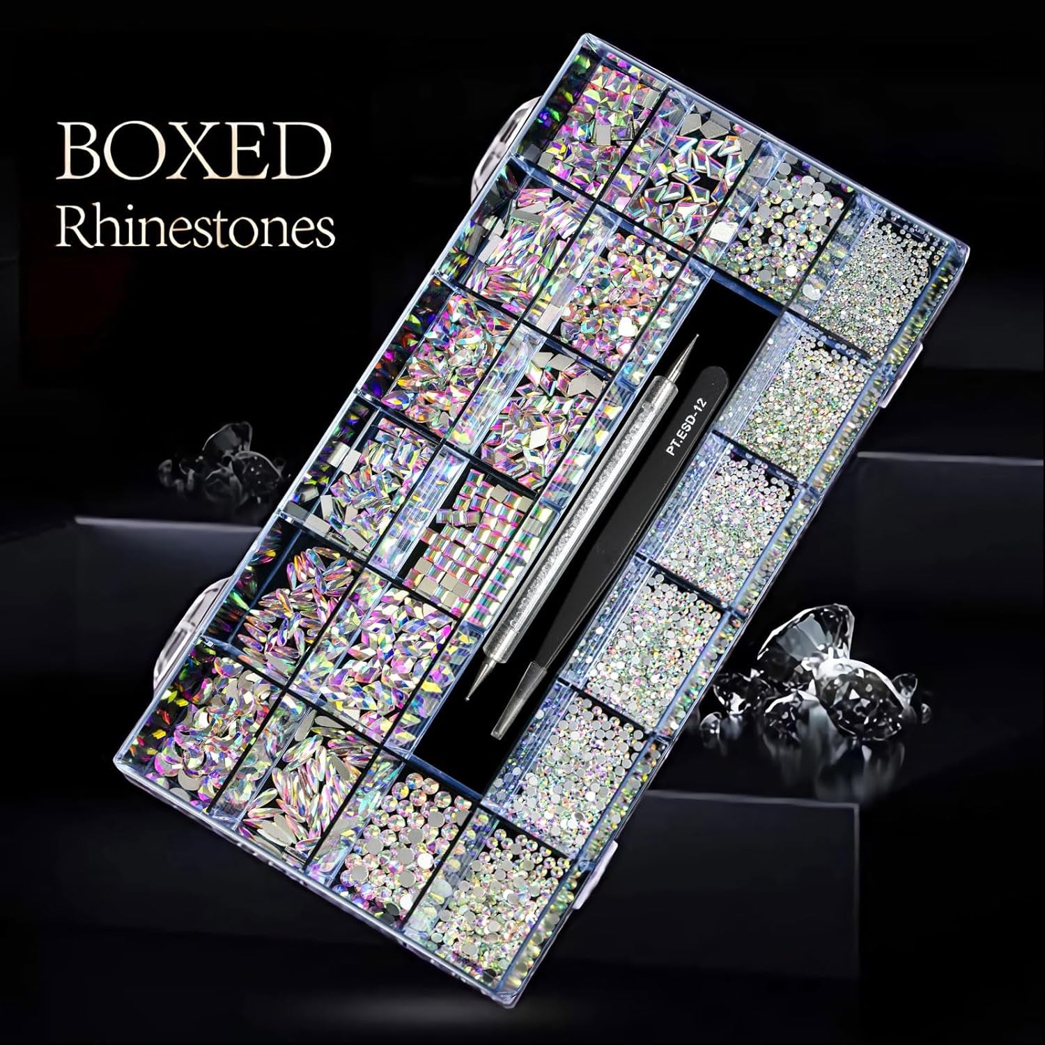 12 Types of 600 Crystal AB Diamonds + 2500 Flat Rhinestones Mix 20 Styles Flatback DIY Crafts Rhinestone Crystals 3D Ornaments Flat Back Stones Set + Tweezers + Drill Pen