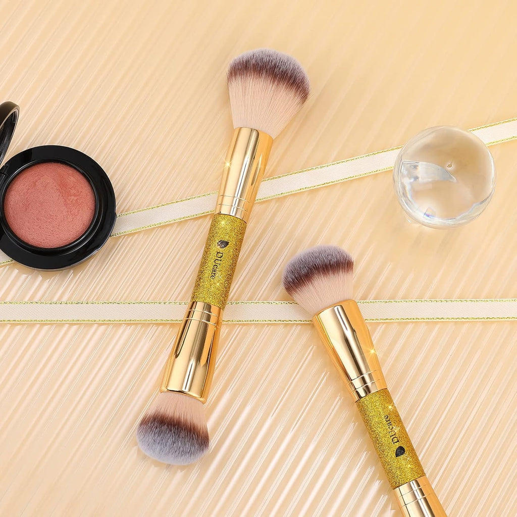 Dual End Powder Kabuki Makeup Brush Gold Glitter Vegan Synthetic for Liquid Cream Setting Powder