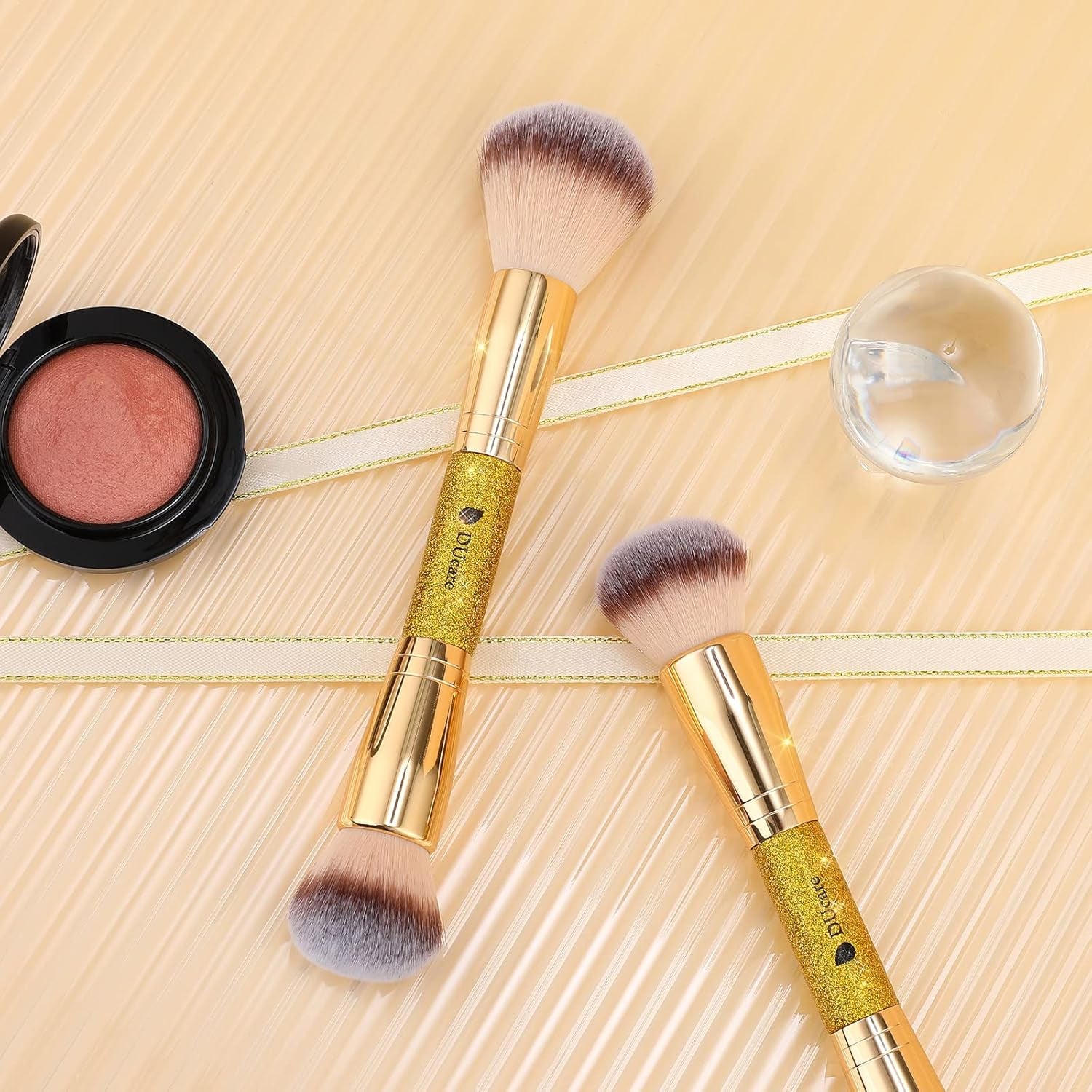 Dual End Powder Kabuki Makeup Brush Gold Glitter Vegan Synthetic for Liquid Cream Setting Powder