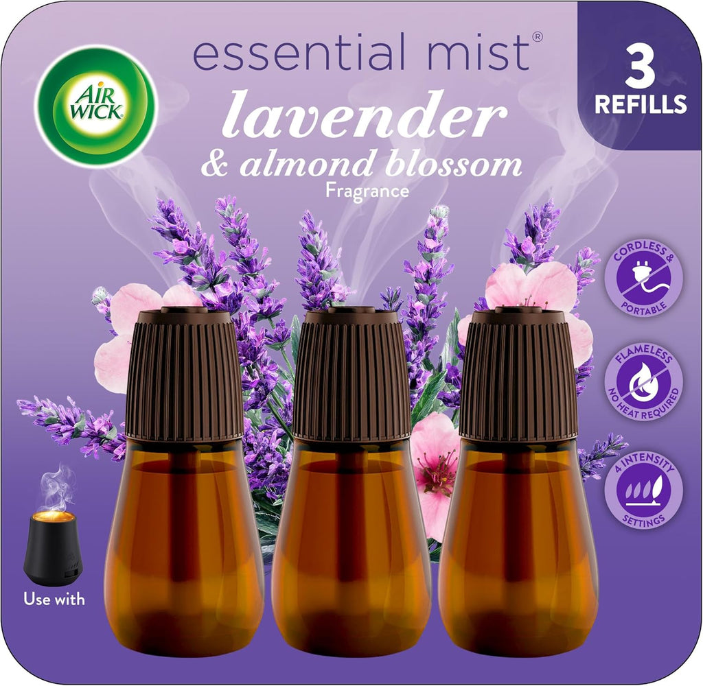 Essential Mist Refill, Essential Oils Diffuser, Lavender and Almond Blossom, 3 Ct, Air Freshener, Aroma Diffuser