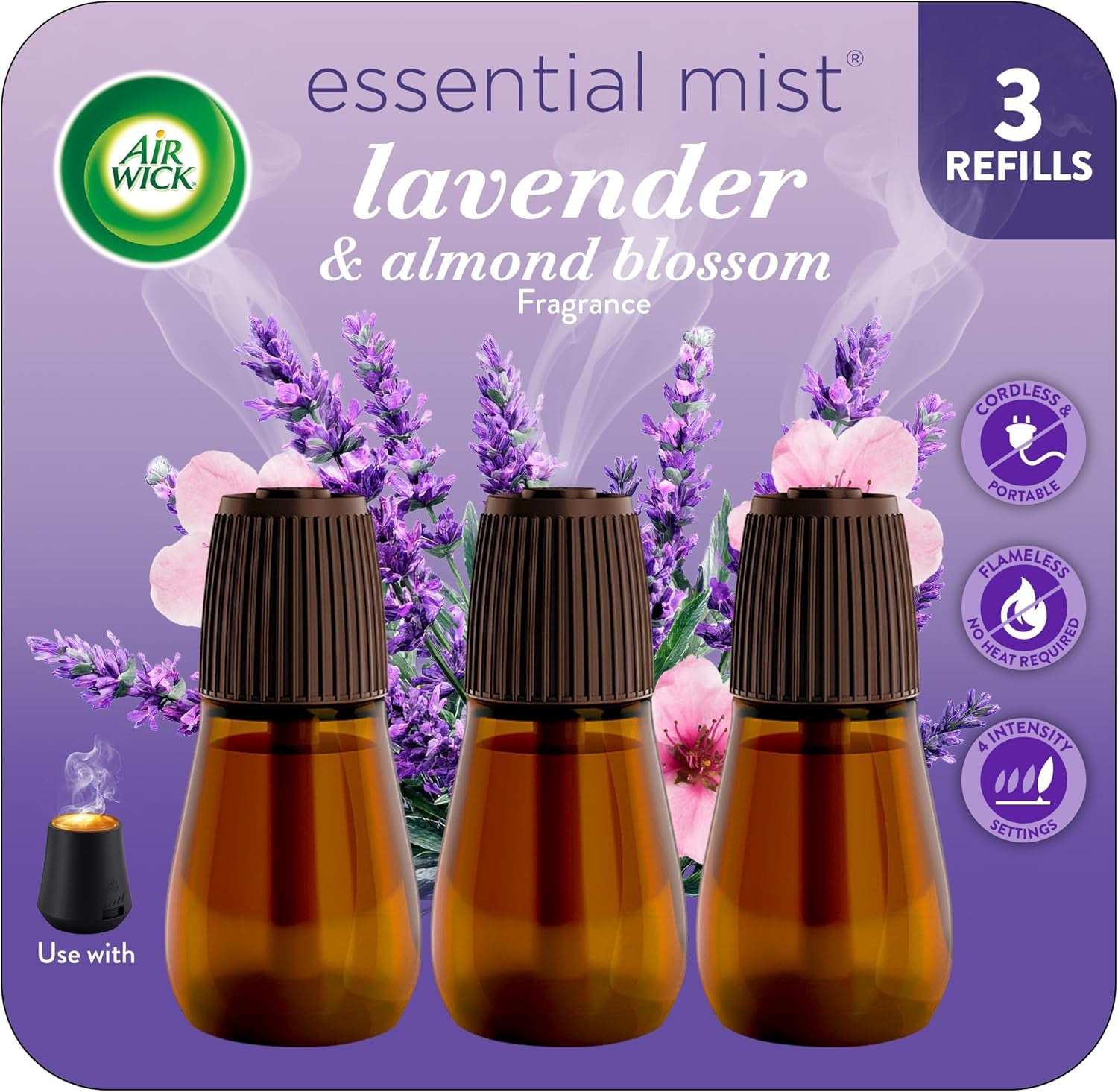 Essential Mist Refill, Essential Oils Diffuser, Lavender and Almond Blossom, 3 Ct, Air Freshener, Aroma Diffuser