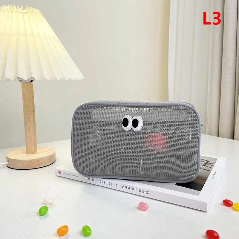 New Candy Color Mesh Cosmetic Bag Cute Big Eyes Make up Case Kawaii Makeup Pouch Makeup Case Portable Toiletry Storage Bag