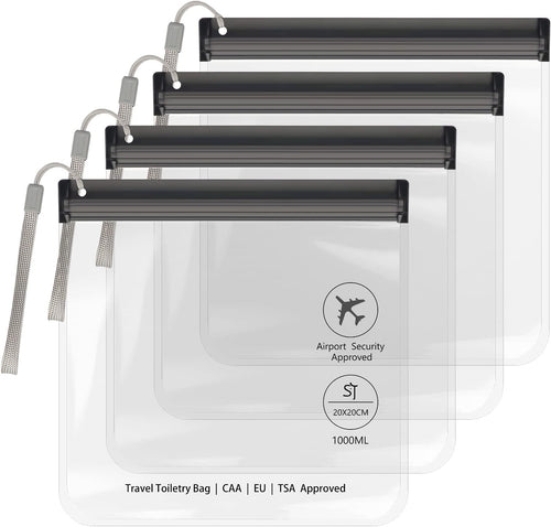 4Pcs Clear TSA Approved Security Toiletry Bag Quart Size for EU UK & US Carry-On Regulations Waterproof & Leakproof Travel Bags for Liquids